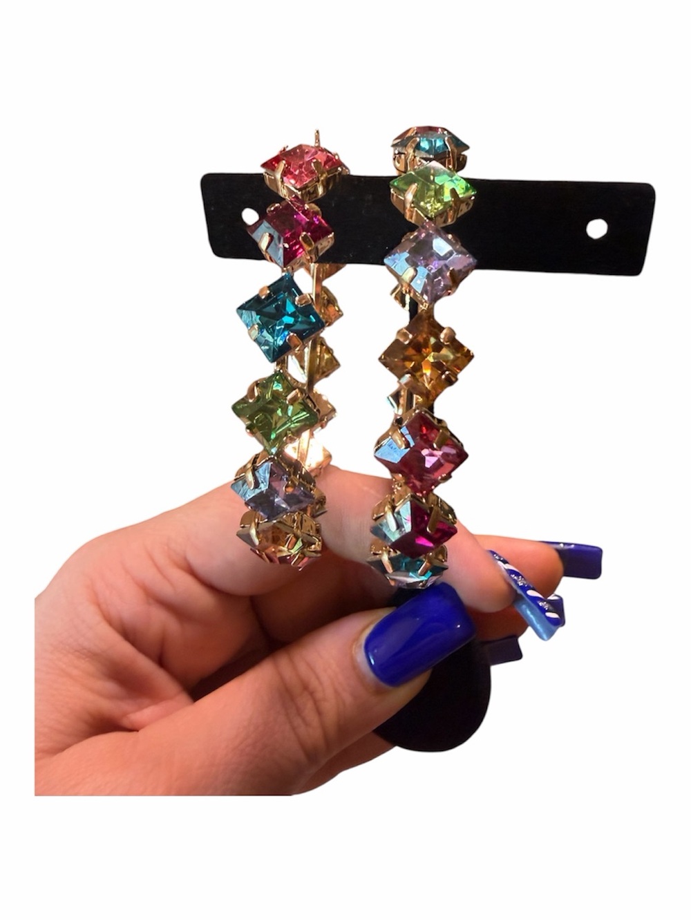 Multicolor Rhinestone Crystal Extra Large 3” Hoops Hoop Earrings - Gold Setting